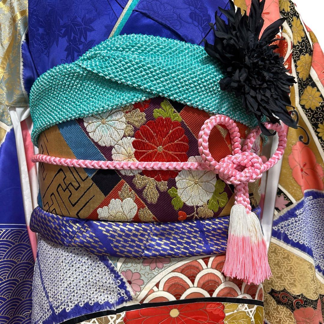 (う12)青紫の祝い青海波模様に本絞りや手描き✨アンティーク振袖⑤点セット㊗️