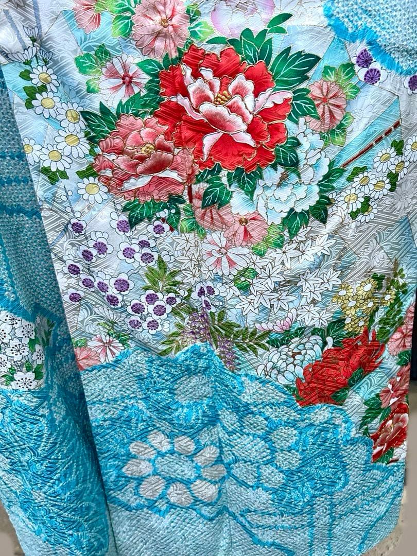 最高級　絞りと刺繍　水色 　オレンジ系花柄 　金駒刺繡　金糸　振袖 着物