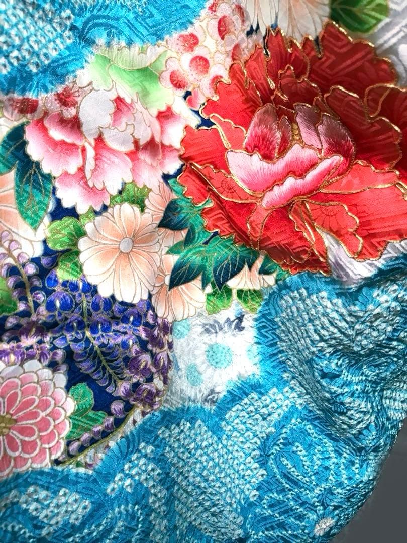 最高級　絞りと刺繍　水色 　オレンジ系花柄 　金駒刺繡　金糸　振袖 着物