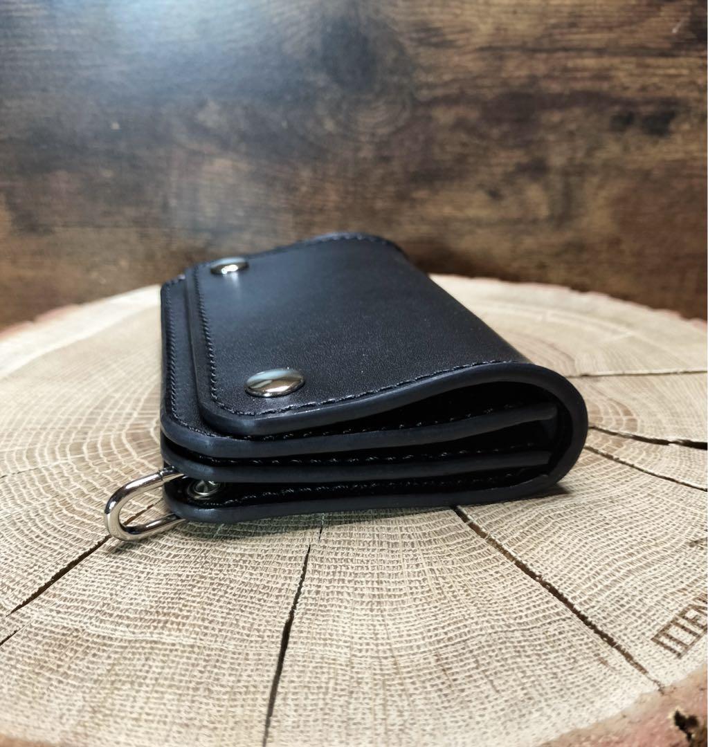 栃木レザー　お札を折らないショートトラッカーウォレット　黒　3層　ハンドメイド