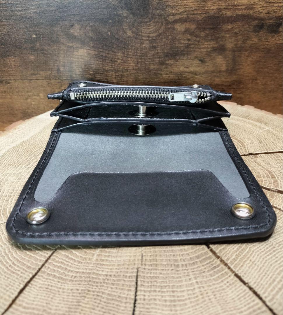 栃木レザー　お札を折らないショートトラッカーウォレット　黒　3層　ハンドメイド