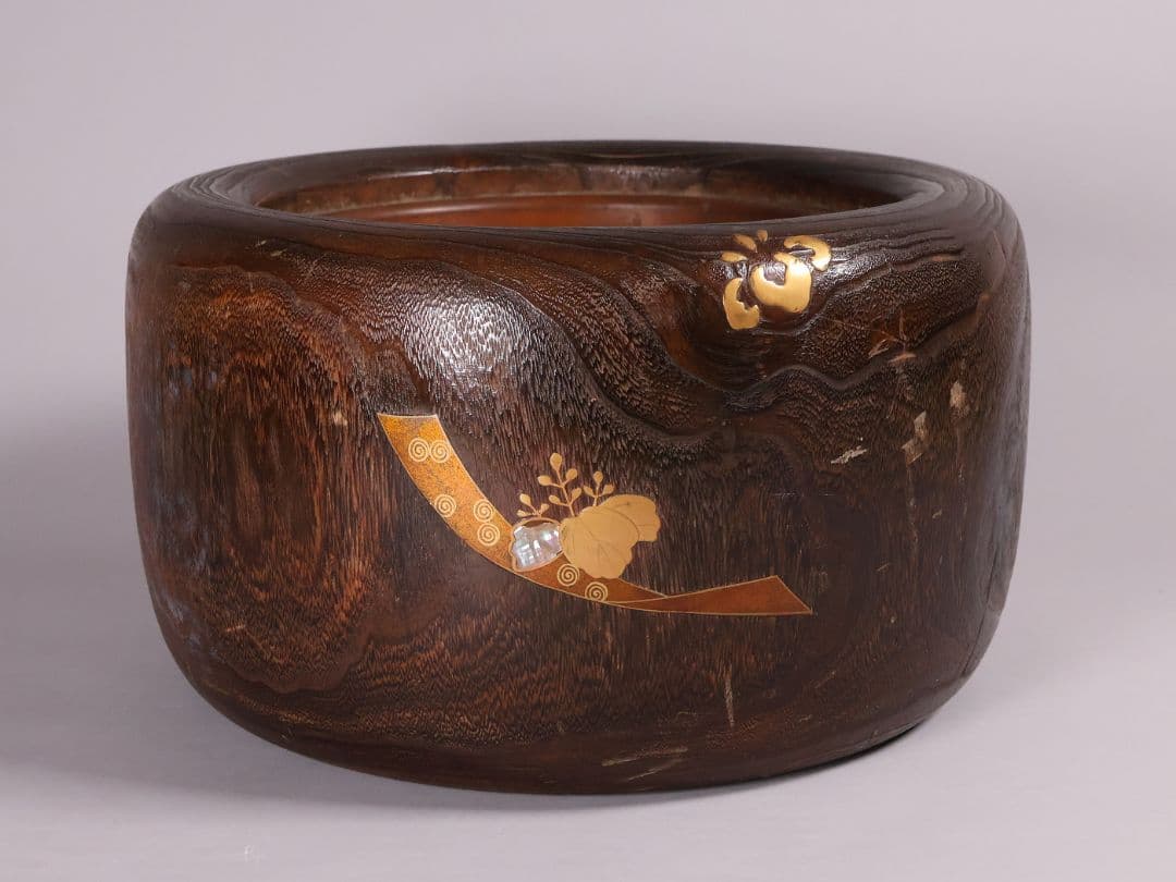 尺参 桐火鉢 金蒔絵 螺鈿細工 幅38.8cm 桐紋 菊 草花 扇面【MB31】