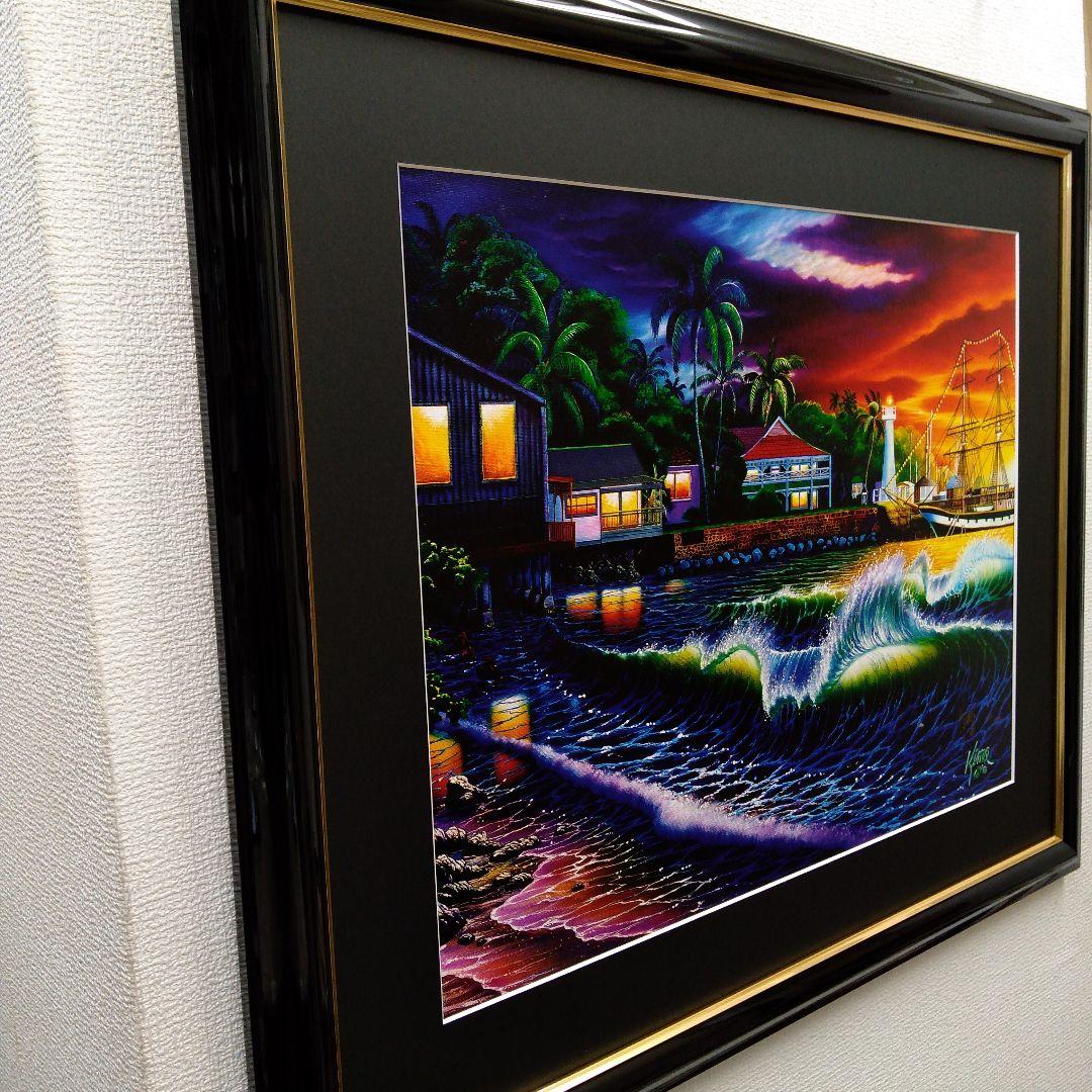 版画　横　特寸法　海　波　船　額装仕上げ品