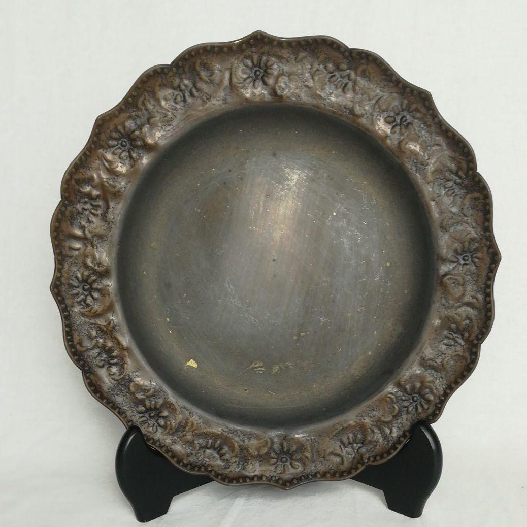 古い時代  ブロカント  銅  皿  花リム