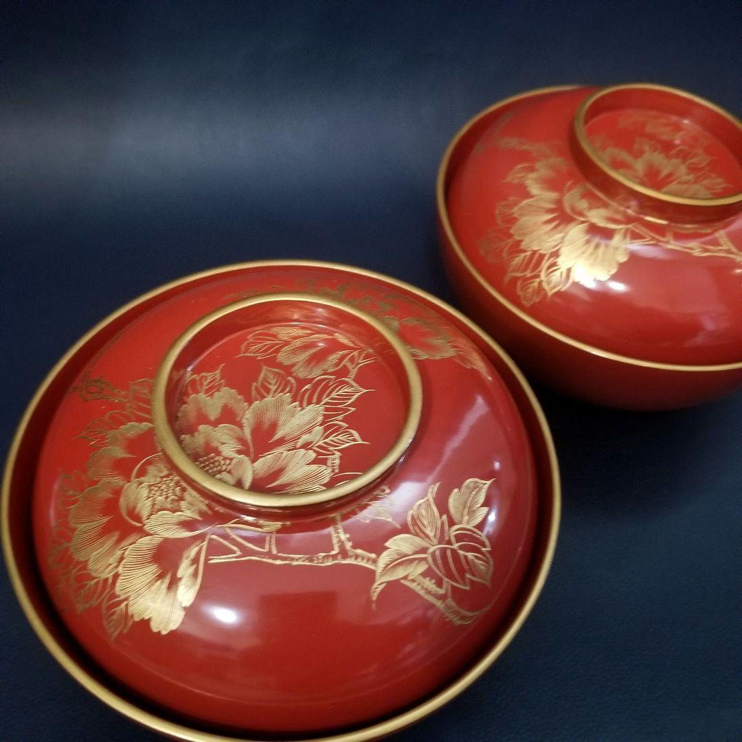 yuki 木製 吸物椀 朱塗 沈金牡丹花文 吸物椀 煮物椀 懐石椀 4客
