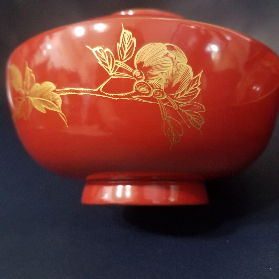 yuki 木製 吸物椀 朱塗 沈金牡丹花文 吸物椀 煮物椀 懐石椀 4客