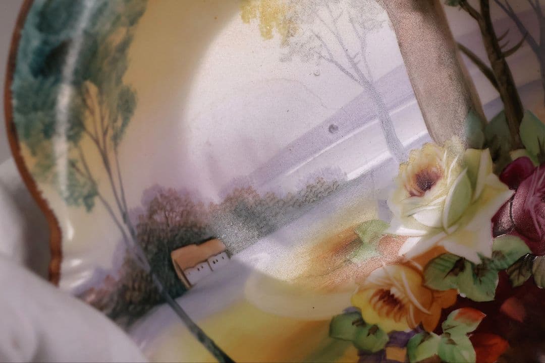 【CM309】オールドノリタケ 風景 薔薇 皿 鉢 幅21.8cm 湖畔 明治