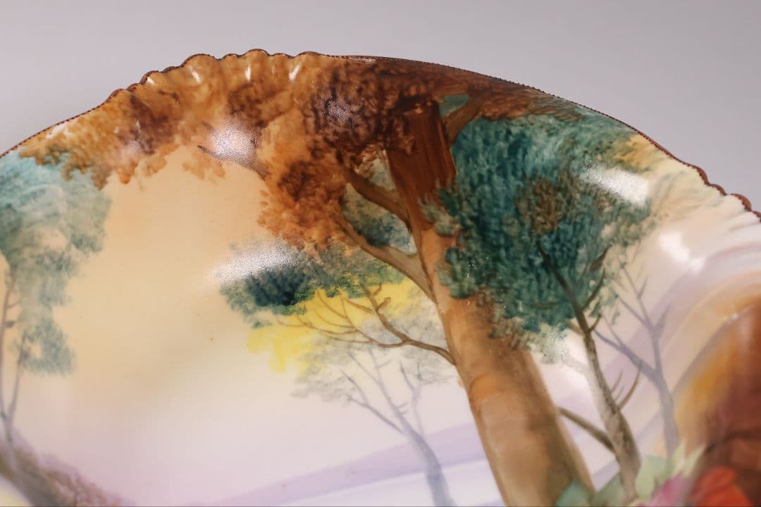 【CM309】オールドノリタケ 風景 薔薇 皿 鉢 幅21.8cm 湖畔 明治