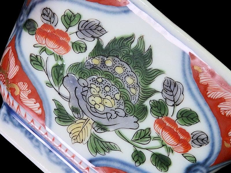 大聖寺伊万里　金襴手　牡丹に岩　獅子に牡丹の図　四方角向付　B335AS-CVg