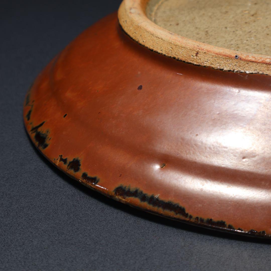 浜田庄司　柿釉縁丸皿直径∅27cm　人間国宝　民藝　R1489w2ラ