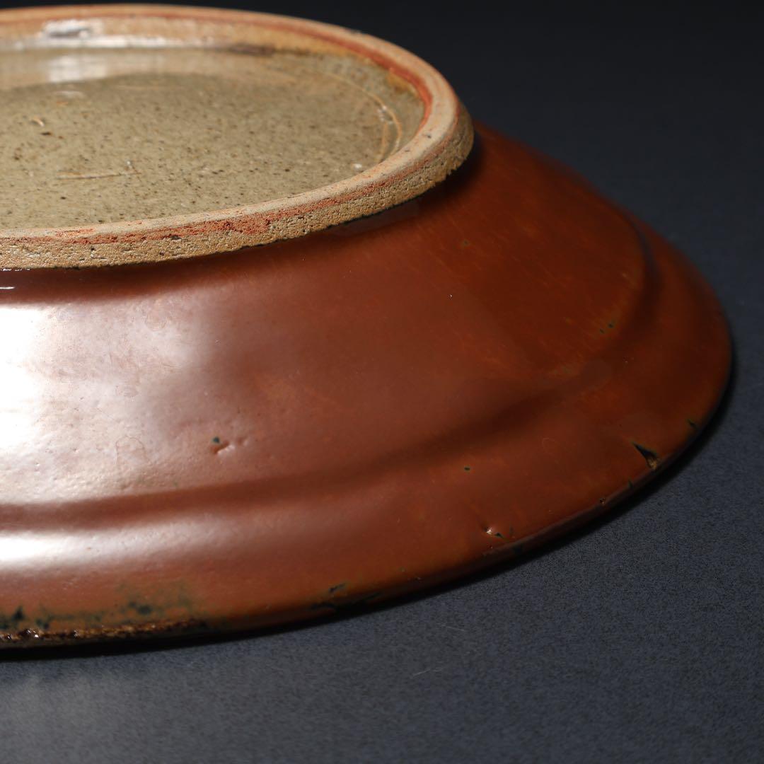 浜田庄司　柿釉縁丸皿直径∅27cm　人間国宝　民藝　R1489w2ラ