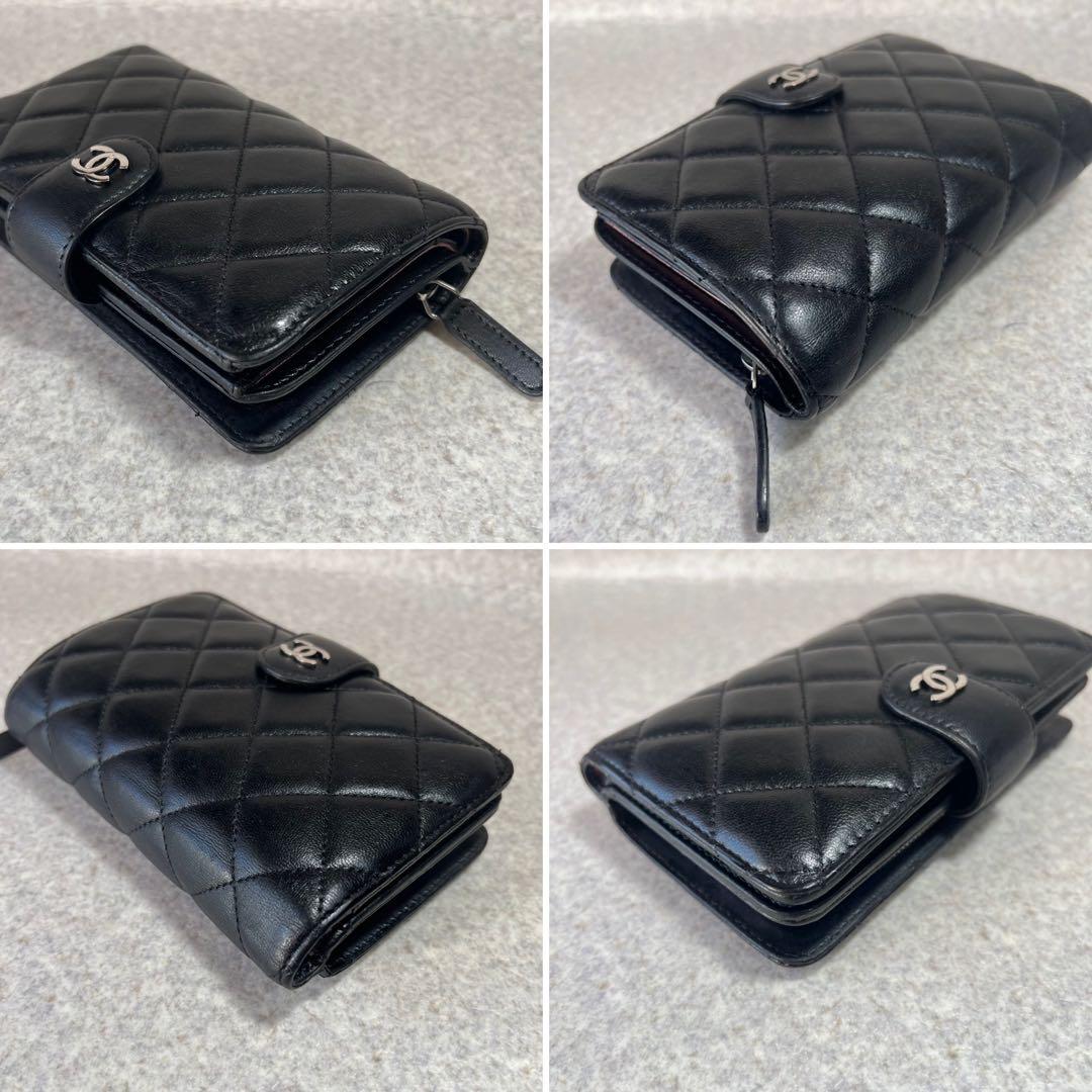 超美品CHANEL マトラッセココマークコンパクト二つ折り財布ブラック