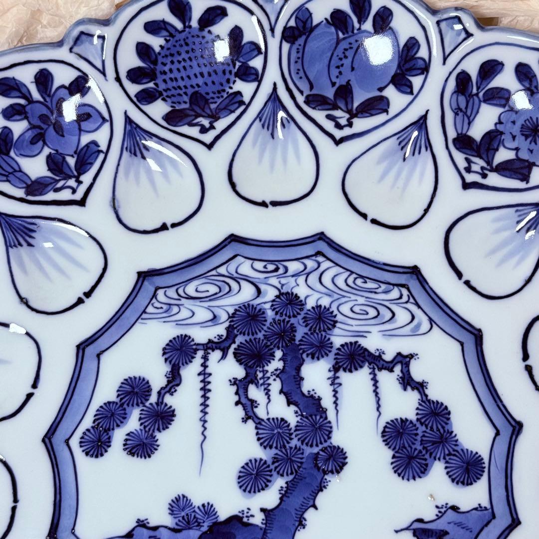 肥前南河原源右衛門　作　染付草花文　皿　源右衛門窯　直径30㎝　尺皿　本物