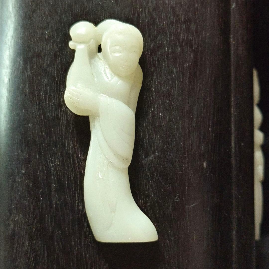 中国骨董 紫檀筆筒 白玉彫仕女図象嵌 古美術 アンティーク 旧家蔵出 蒐集家放出