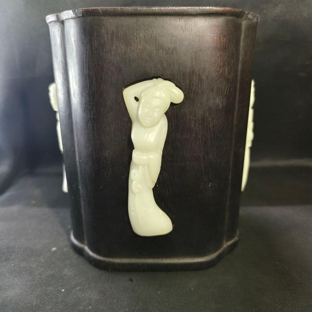 中国骨董 紫檀筆筒 白玉彫仕女図象嵌 古美術 アンティーク 旧家蔵出 蒐集家放出