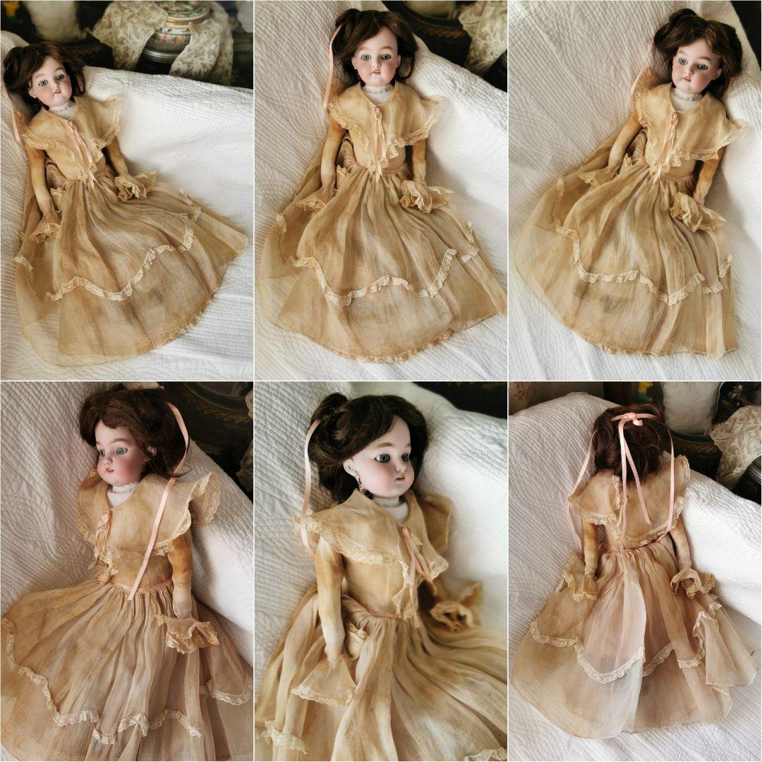 アンティーク ドイツ ビスクドール グレイッシュブルーアイ オーガンジードレス