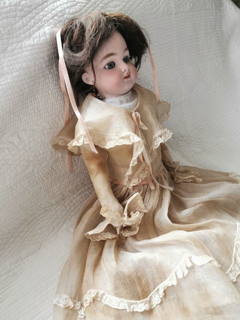 アンティーク ドイツ ビスクドール グレイッシュブルーアイ オーガンジードレス