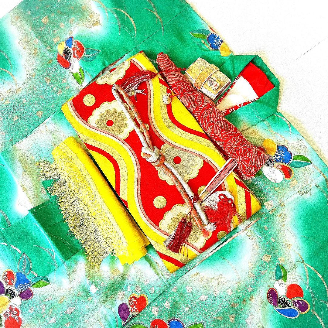 フルセット 七五三 7歳女の子 長着＆長襦袢＆帯＆小物　エメラルド　金銀プリント