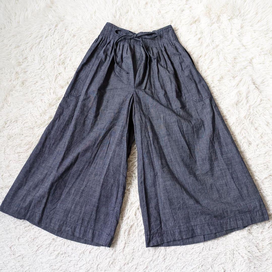 45R キュロットギャザーワイドパンツ　ストライプ　インディゴ　サイズ1 日本製