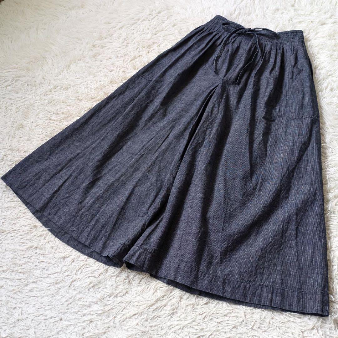 45R キュロットギャザーワイドパンツ　ストライプ　インディゴ　サイズ1 日本製