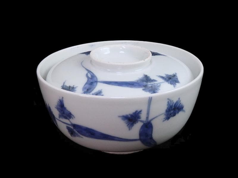 古伊万里　染付　人参に蝶の図　蓋茶碗 江戸期　C452AS-CAy