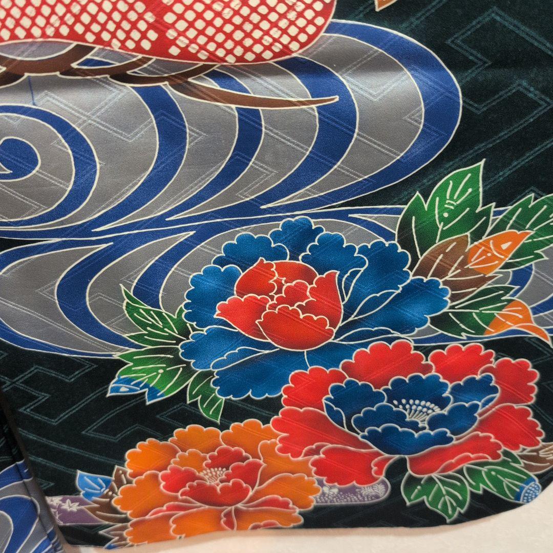 【上質】紅型風ダークグリーン花柄振袖