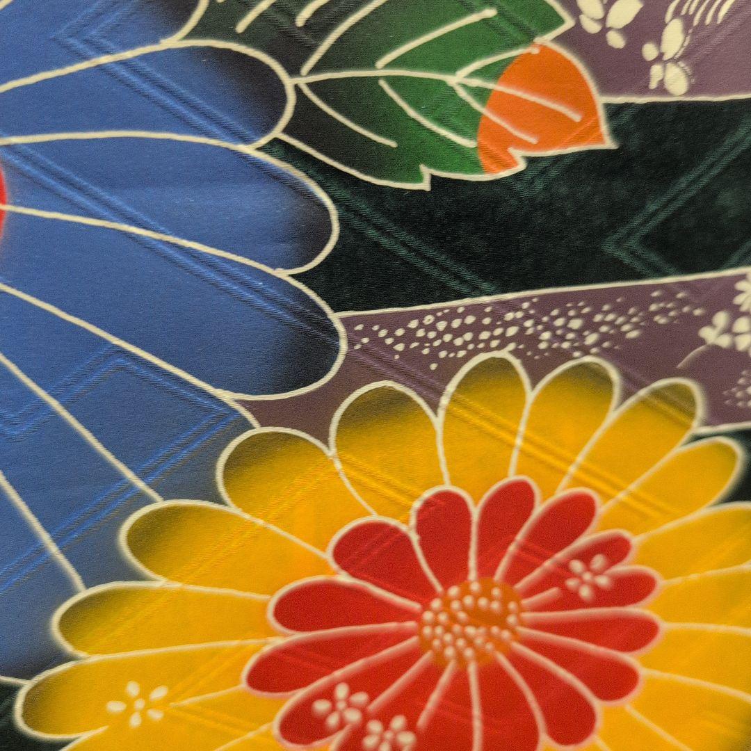 【上質】紅型風ダークグリーン花柄振袖