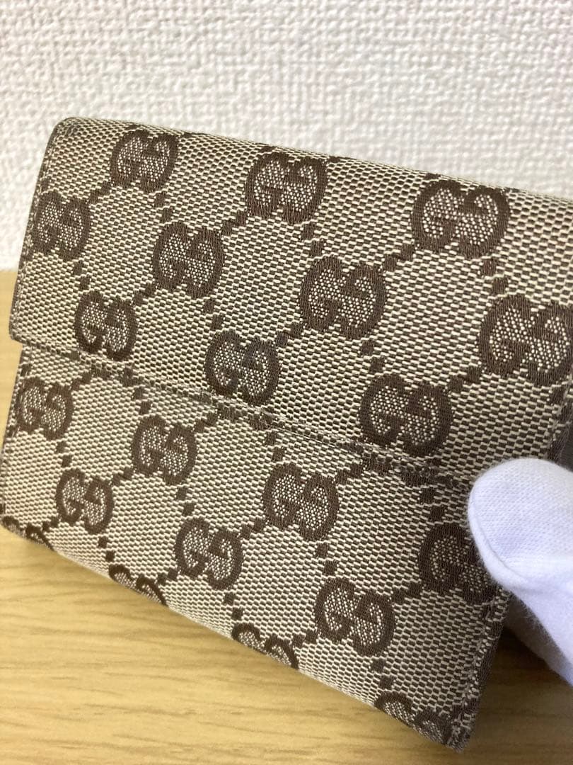 【良品】GUCCI 二つ折り財布 GGキャンパス×レザー　ベージュ/ブラウン