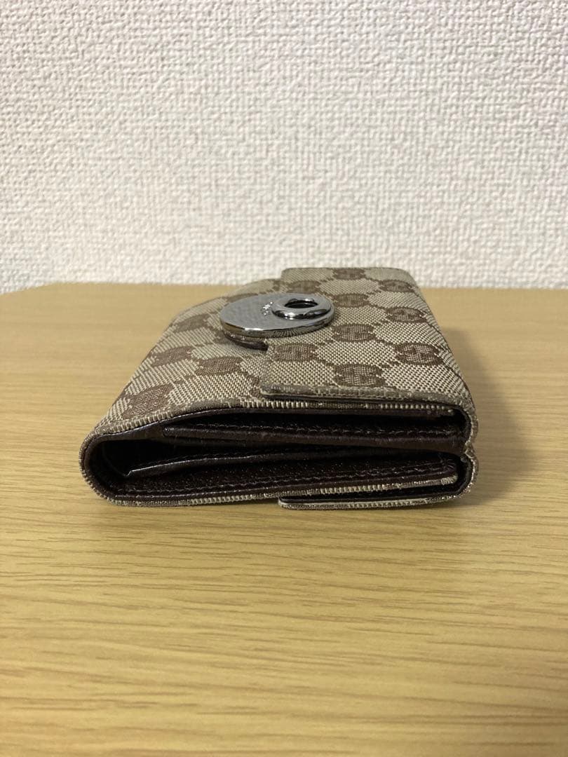 【良品】GUCCI 二つ折り財布 GGキャンパス×レザー　ベージュ/ブラウン