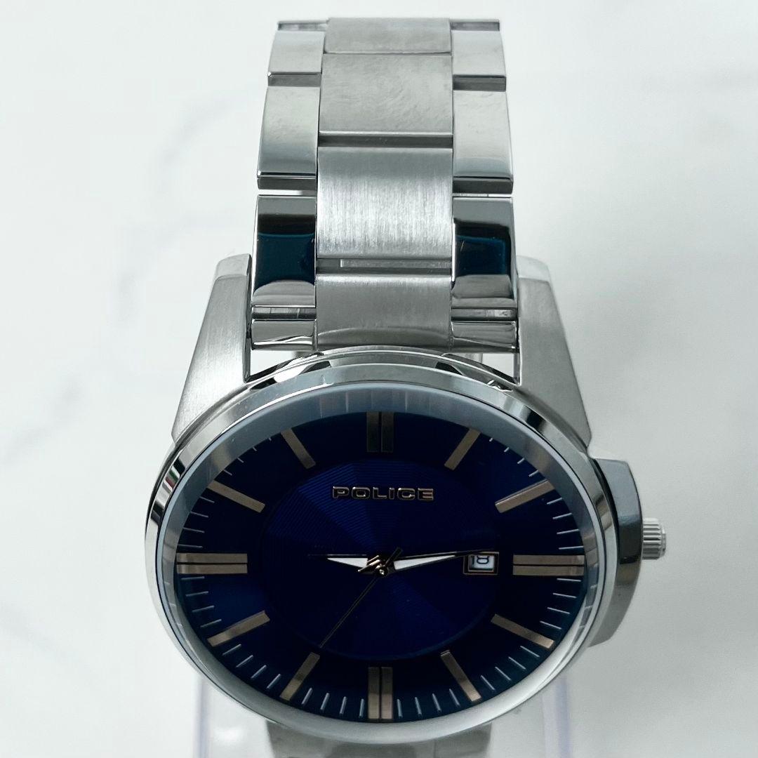 【美品】 稼働 POLICE 14384J ネイビー文字盤 デイト 腕時計