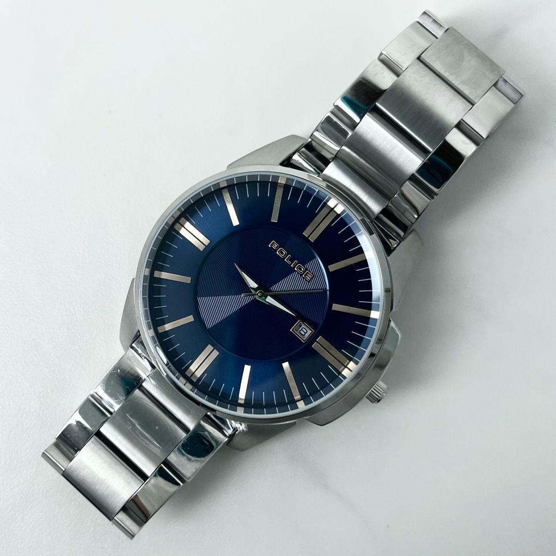 【美品】 稼働 POLICE 14384J ネイビー文字盤 デイト 腕時計