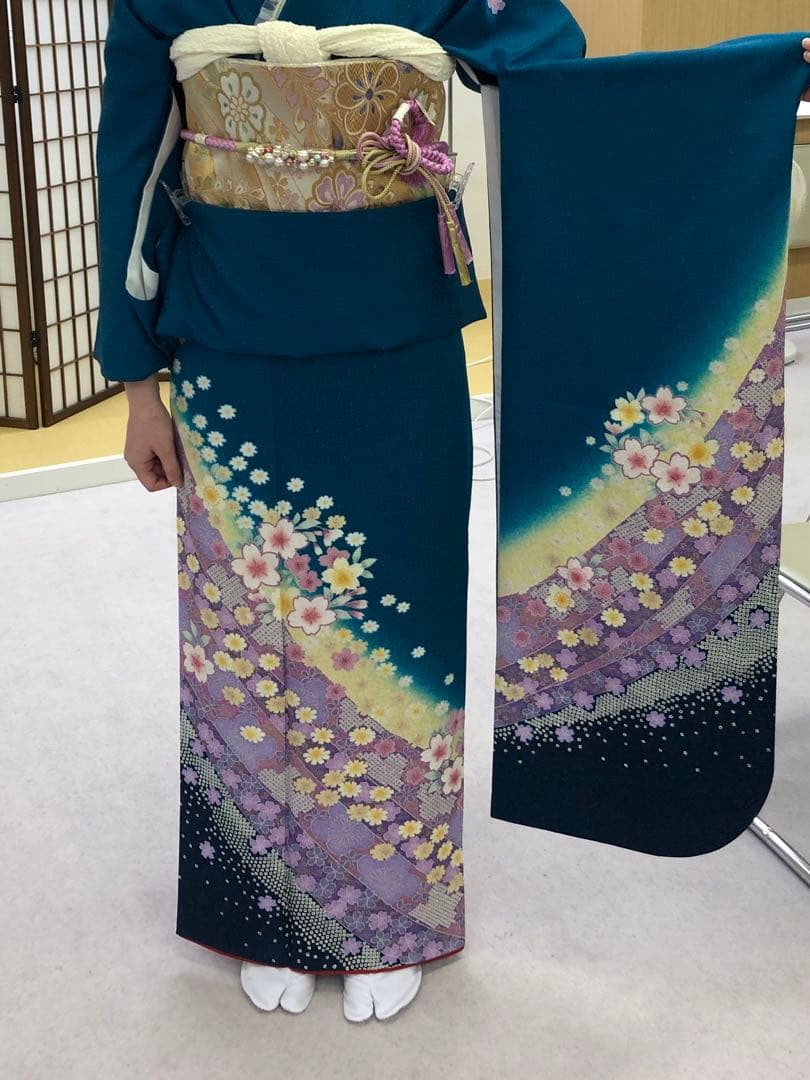 振袖青緑色ラメ入り　フルセット