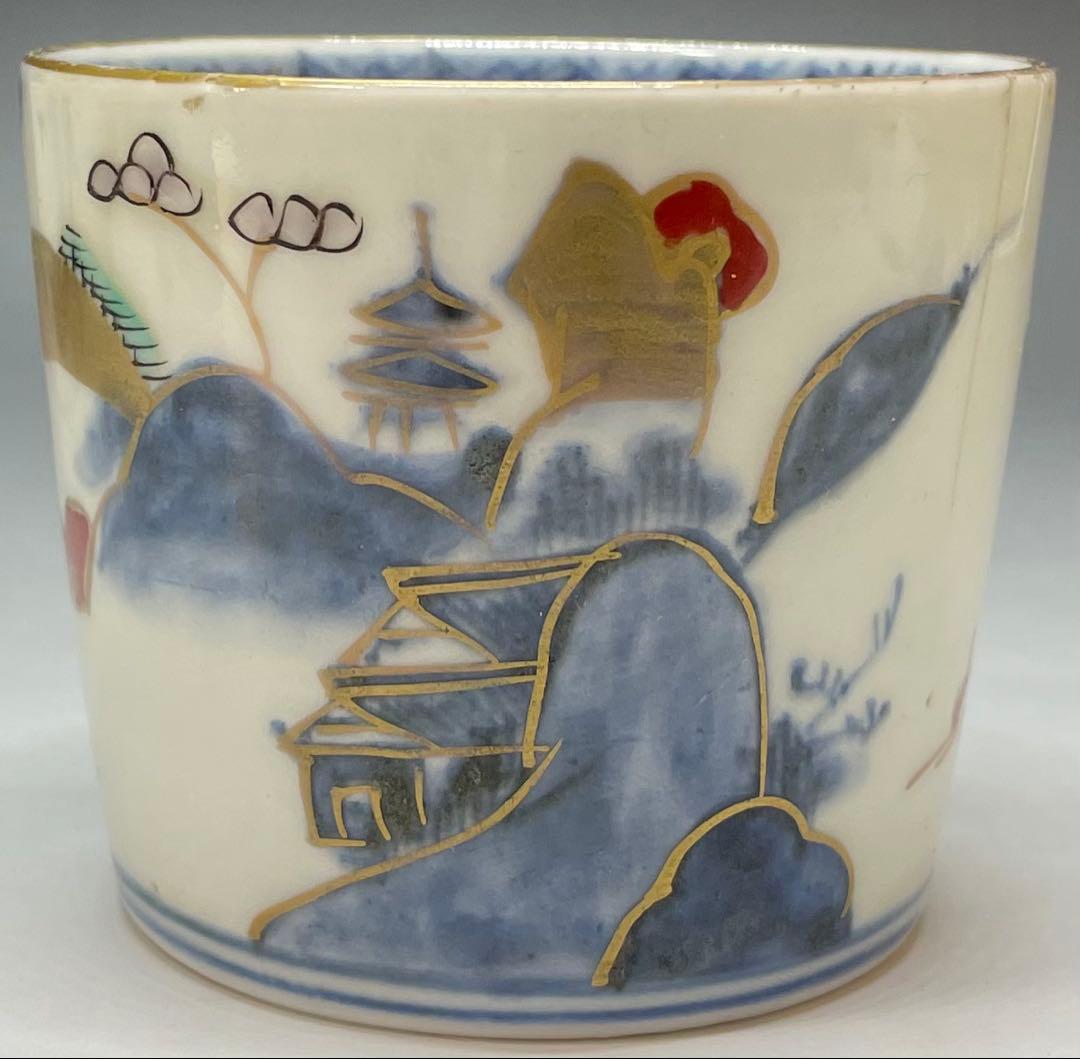 蕎麦猪口　楼閣山水図　古伊万里　切込　染錦　5客　C0095