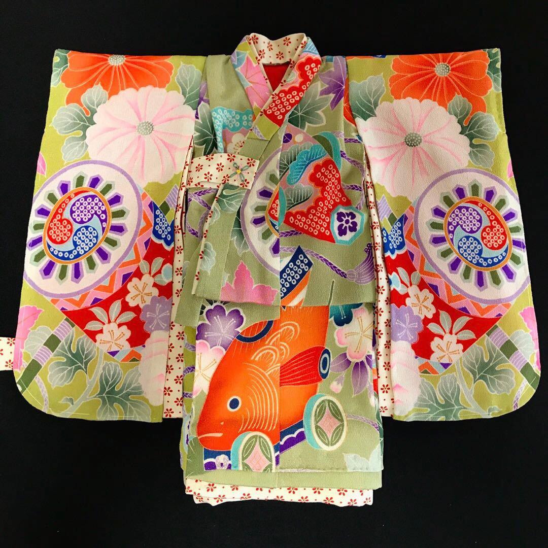 ＊ 市松人形 12号 鯛車 鼓 花 錦紗縮緬 アンティーク 着物 帯 ＊