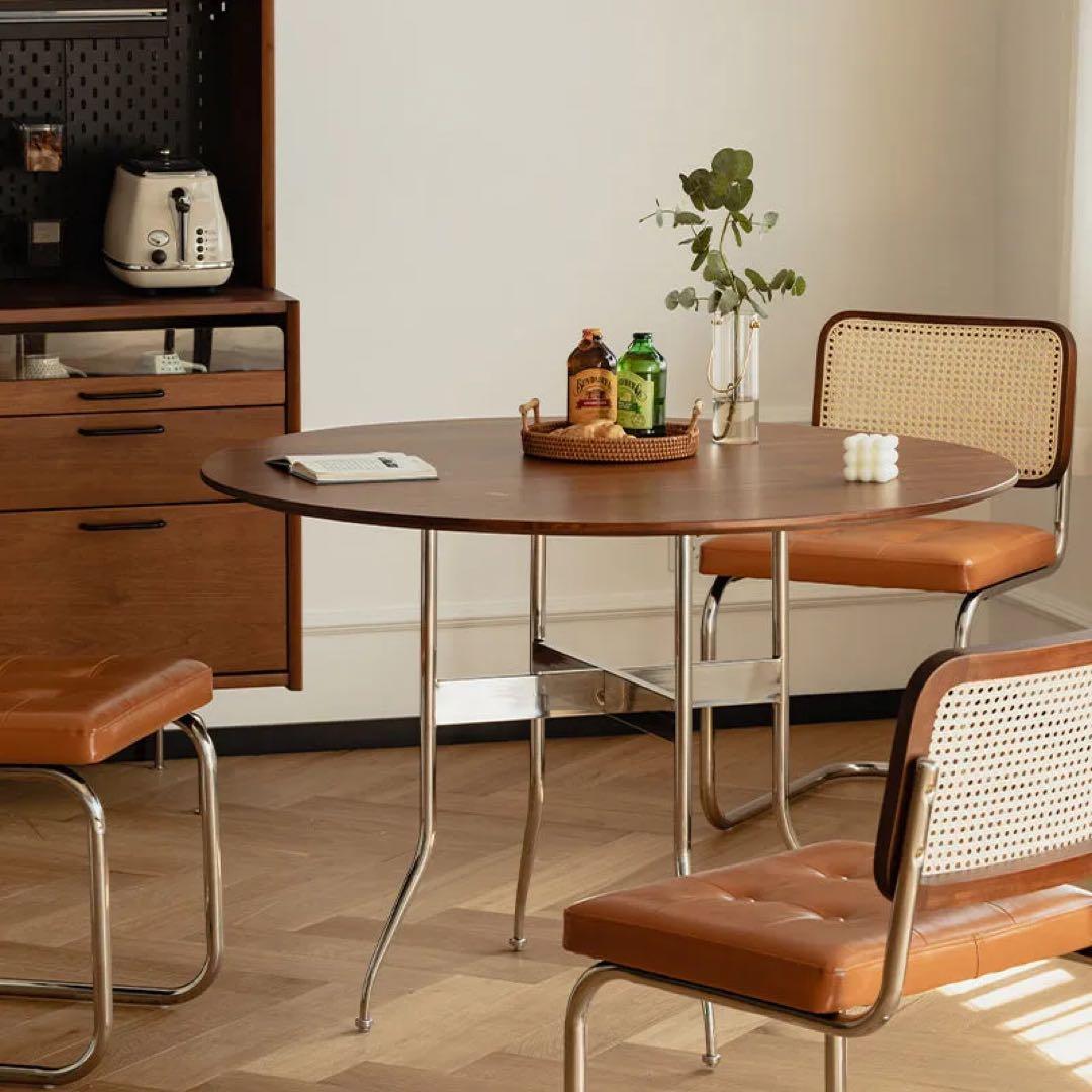 CAGUUU｜ツゲ材 ステンレス脚木製ラウンドテーブル｜ミッドセンチュリー