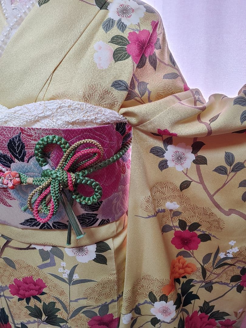 豪華　牡丹　振袖　袋帯　帯揚げ　帯締めセット　刈安色(薄い緑がかった黄色)