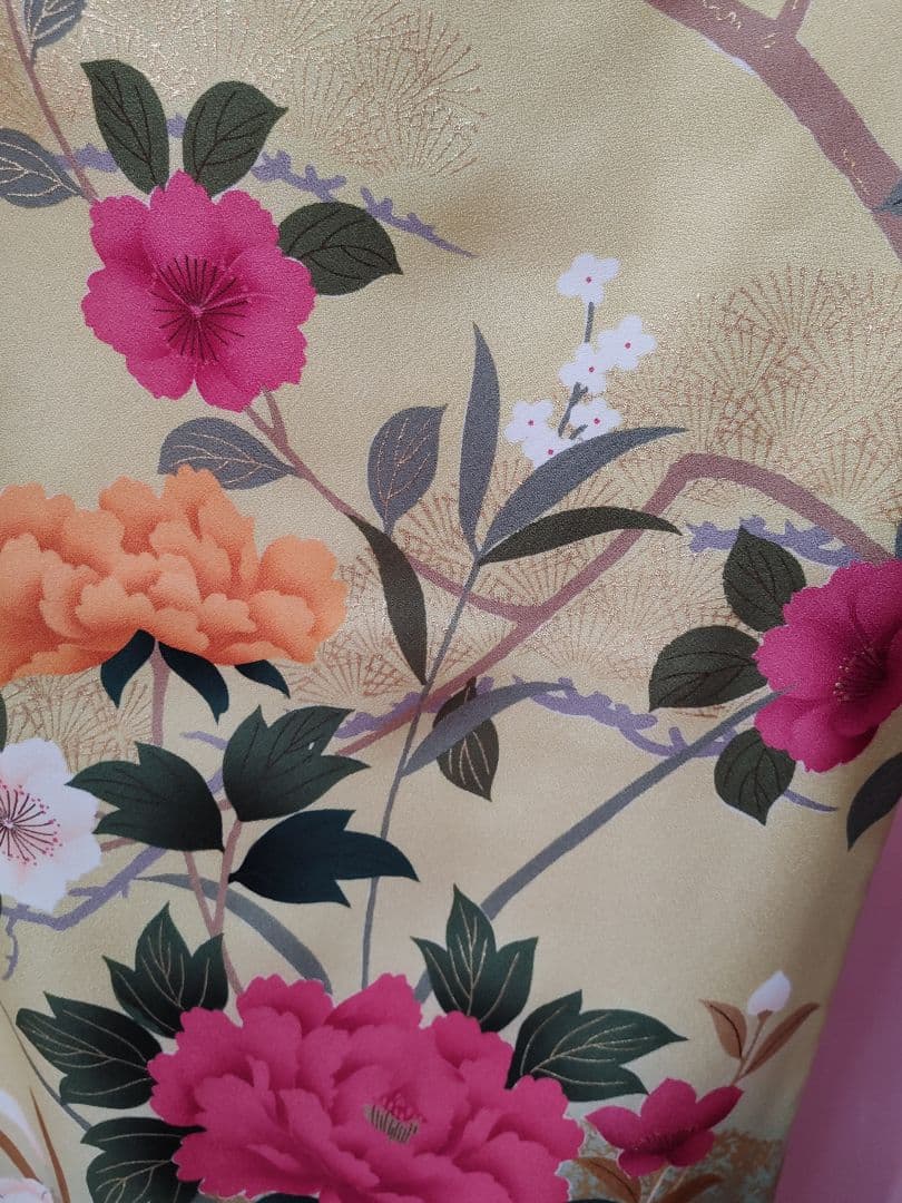 豪華　牡丹　振袖　袋帯　帯揚げ　帯締めセット　刈安色(薄い緑がかった黄色)