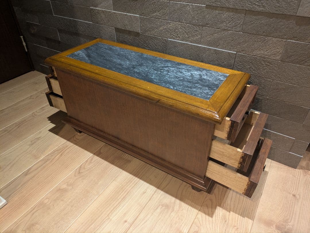 アンティーク ローチェスト 天然木 大理石トップ 3段チェスト サイドテーブル