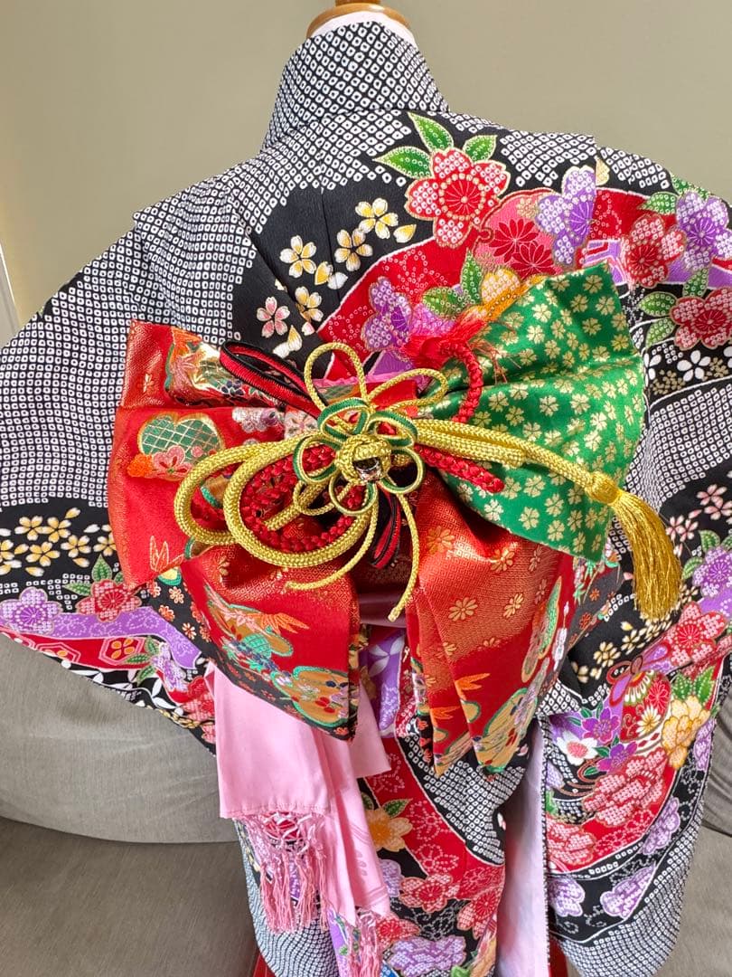 七五三着物帯セット　7歳　黒系　絞り柄