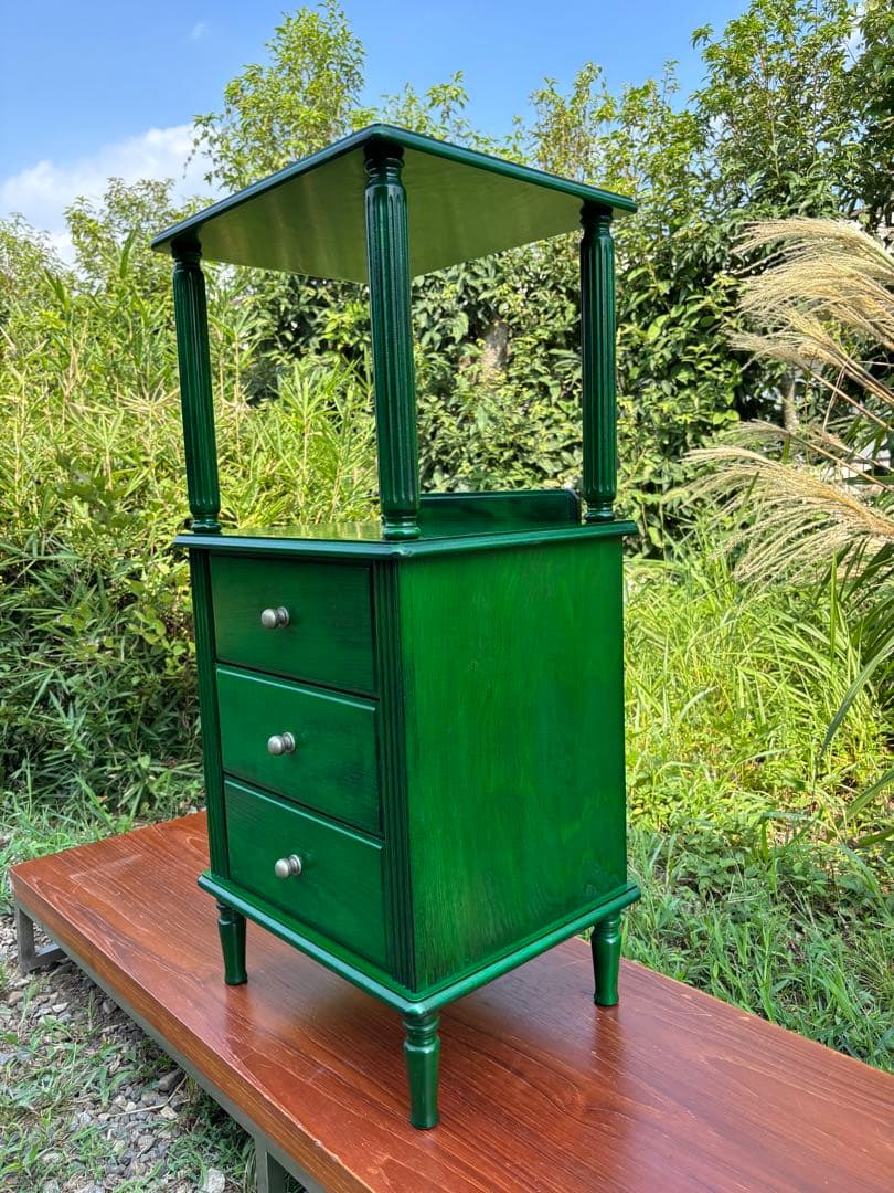 昭和レトロ　グリーンの木製電話台・ファックス台　飾り棚　花台