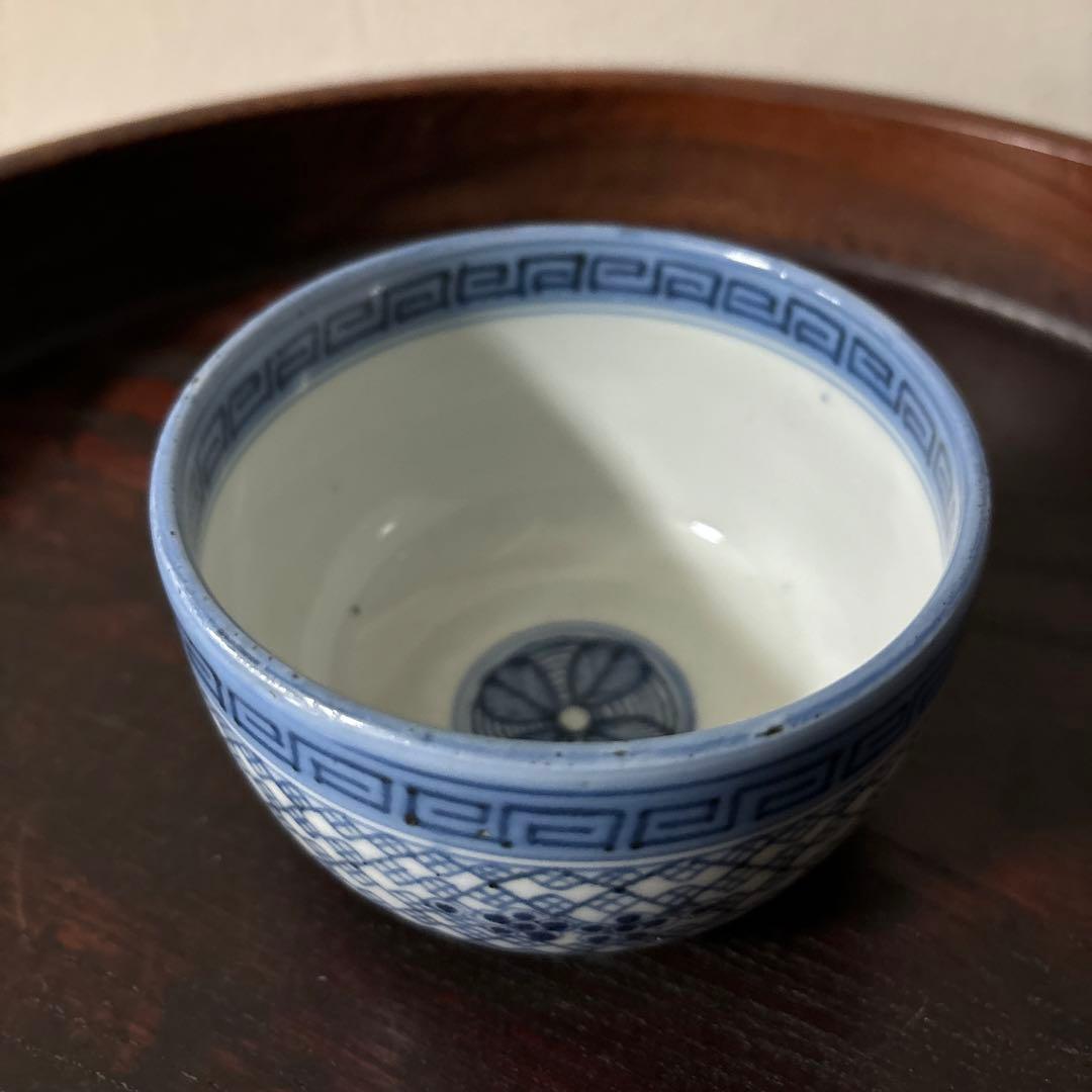 古伊万里幾何学紋染付　湯呑み1点　ころ茶碗　江戸時代　アンティーク　白磁　検李朝
