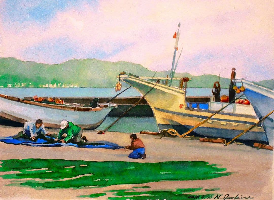 水彩画 漁船と漁師 額装済み F6サイズ