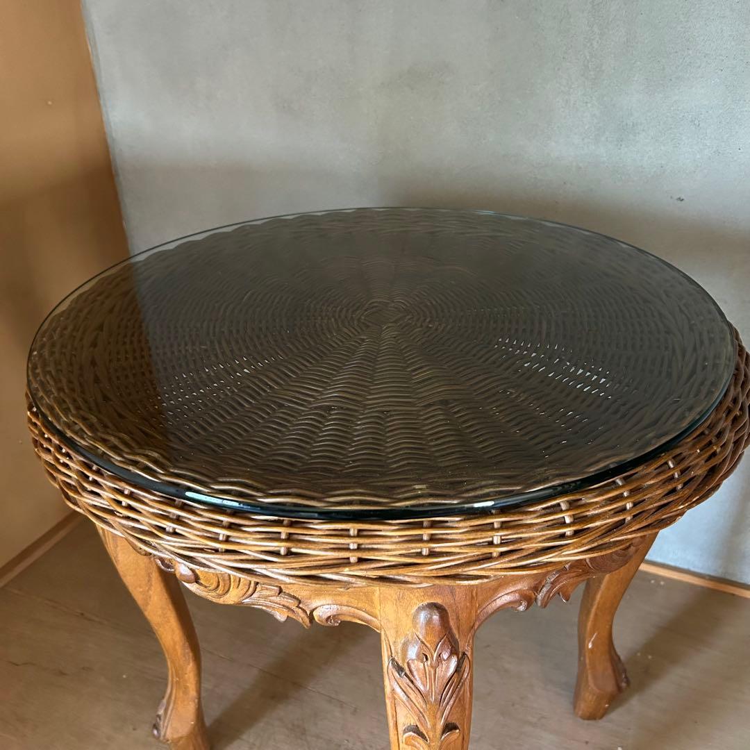 猫脚ラタンガラステーブル