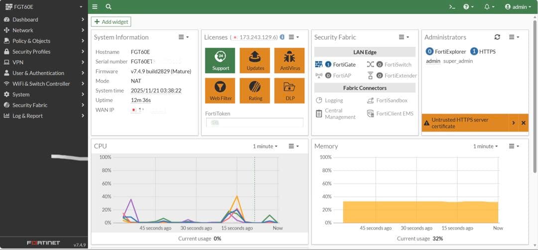 FORTINET FORTIGATE-60E(ライセンス切)【v7.4.9】②