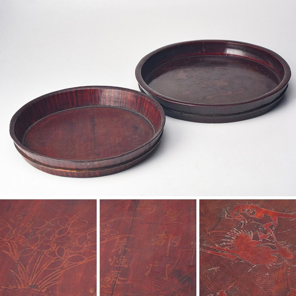 【木】　★ 民俗 描金花卉龍紋木盆 ★　清朝期　當萬茂 在銘　雅玩雑項