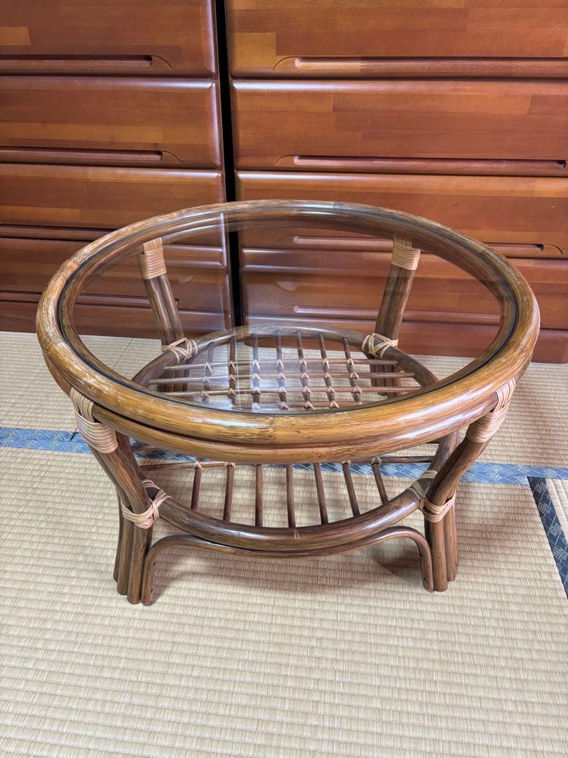 ナチュラル天然素材◾️ガラス天板×籐ラタンフレーム サイド 丸テーブル