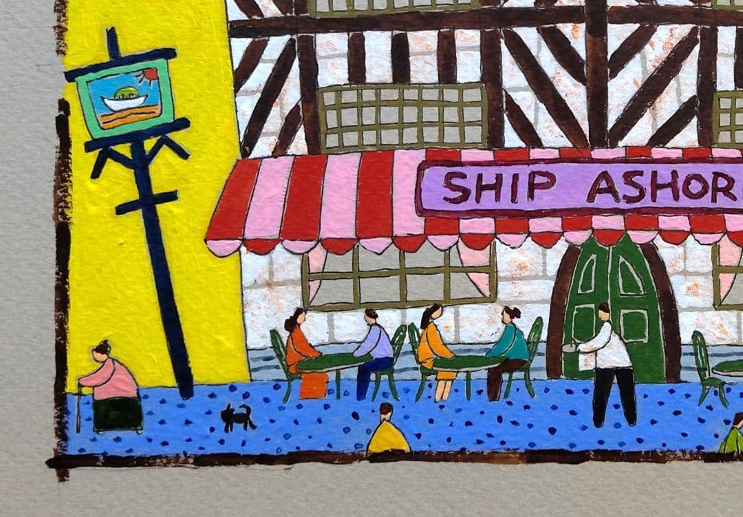 奥村ユズル　水彩画原画　英国パブ「岸辺の舟」