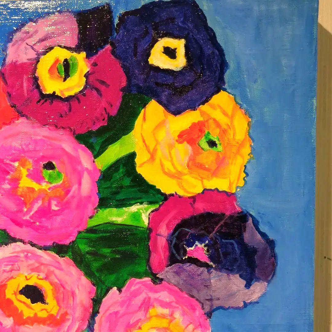 キャンバス油絵　専用　カラフルなお花をたくさん入れた花瓶 happy!