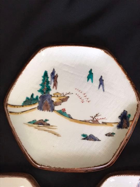 九谷焼の名工　三ツ井為吉　絵変わり　六角　銘々皿5客　K202 本物保証