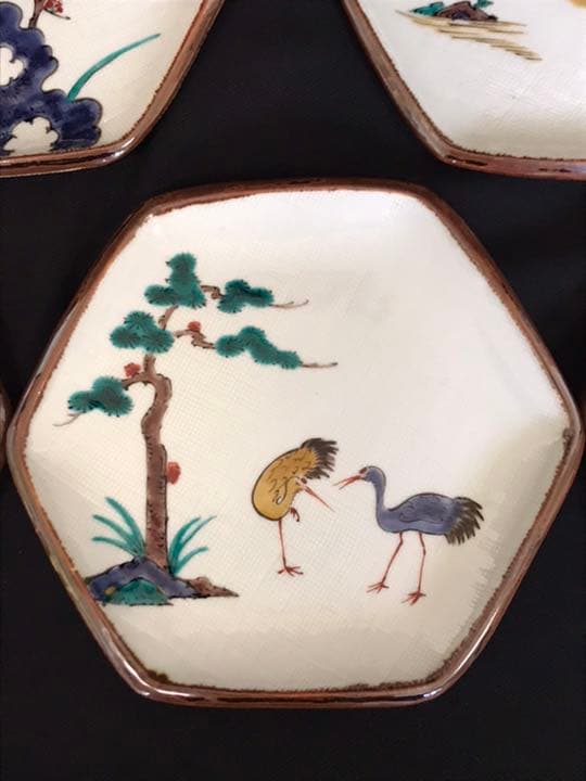 九谷焼の名工　三ツ井為吉　絵変わり　六角　銘々皿5客　K202 本物保証